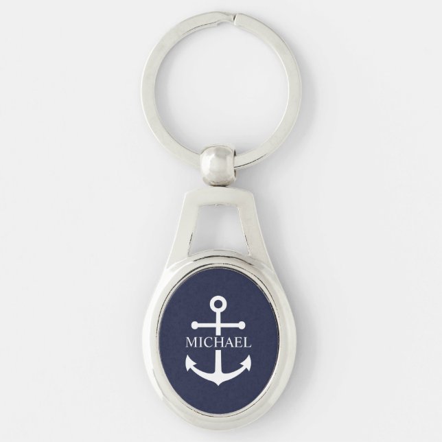 Nautical Navy Blue Anchor Personalized Name Keychain (Front)