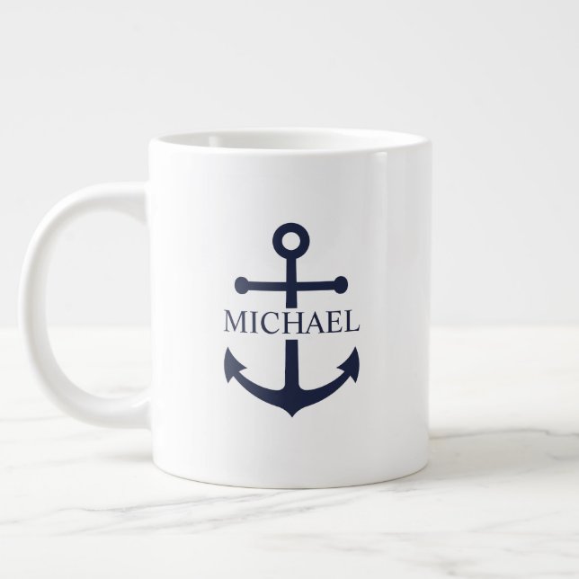 Nautical Navy Blue Anchor Personalized Name Large Coffee Mug (Left)