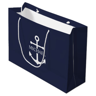 Nautical Navy Blue Anchor Personalized Name Large Gift Bag