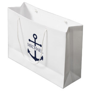 Nautical Navy Blue Anchor Personalized Name Large Gift Bag