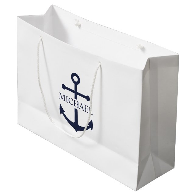 Nautical Navy Blue Anchor Personalized Name Large Gift Bag (Front Angled)