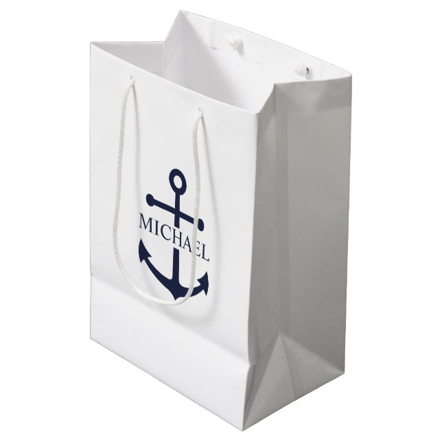 Nautical Navy Blue Anchor Personalized Name Medium Gift Bag (Front Angled)