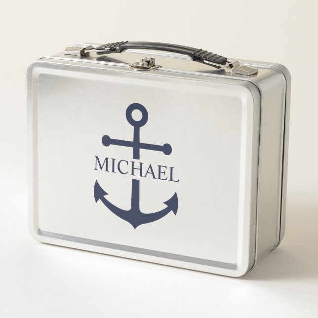 Nautical Navy Blue Anchor Personalized Name Metal Lunch Box (Front)