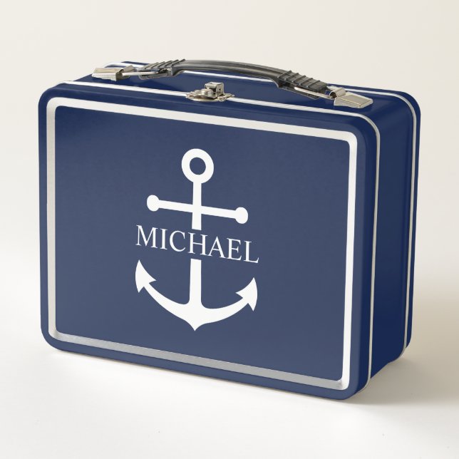 Nautical Navy Blue Anchor Personalized Name Metal Lunch Box (Front)