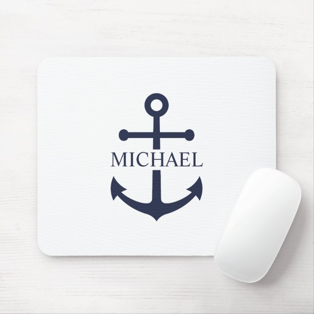 Nautical Navy Blue Anchor Personalized Name Mouse Pad (With Mouse)
