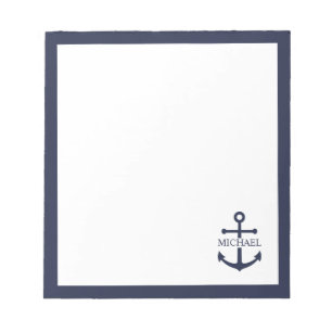 Nautical Navy Blue Anchor Personalized Name Notepad