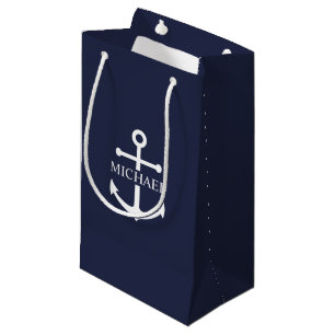 Nautical Navy Blue Anchor Personalized Name Small Gift Bag