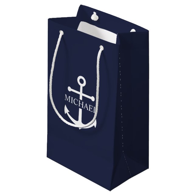 Nautical Navy Blue Anchor Personalized Name Small Gift Bag (Front Angled)