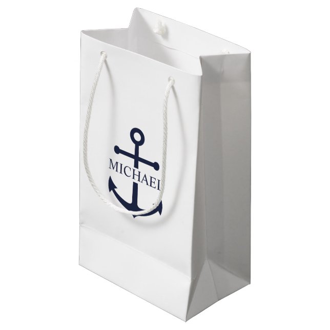 Nautical Navy Blue Anchor Personalized Name Small Gift Bag (Front Angled)