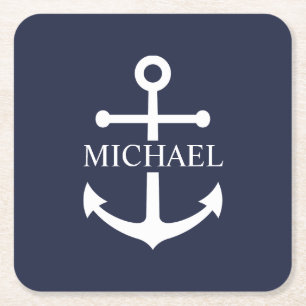 Nautical Navy Blue Anchor Personalized Name Square Paper Coaster