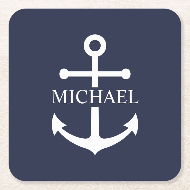 Nautical Navy Blue Anchor Personalized Name Square Paper Coaster (Front)