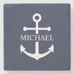 Nautical Navy Blue Anchor Personalized Name Stone Coaster