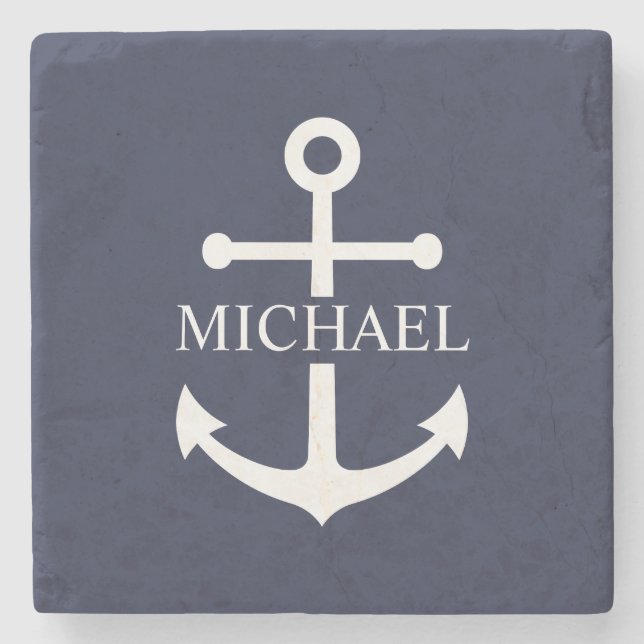 Nautical Navy Blue Anchor Personalized Name Stone Coaster (Front)
