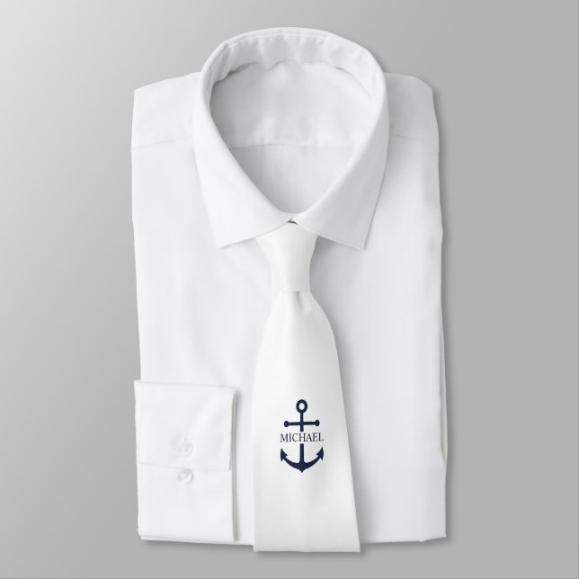 Nautical Navy Blue Anchor Personalized Name Tie (Tied)