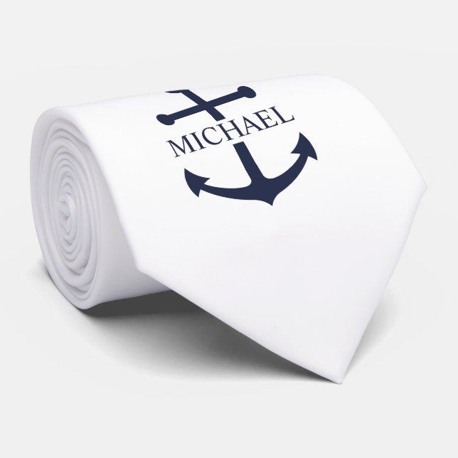 Nautical Navy Blue Anchor Personalized Name Tie (Rolled)
