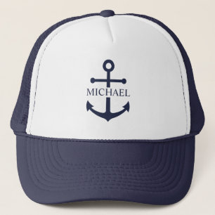 Nautical Navy Blue Anchor Personalized Name Trucker Hat