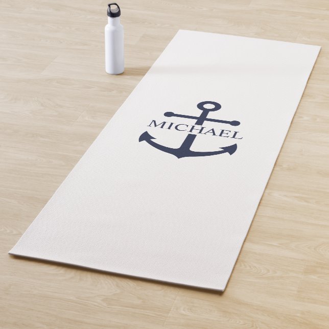 Nautical Navy Blue Anchor Personalized Name Yoga Mat (In Situ)