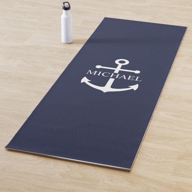 Nautical Navy Blue Anchor Personalized Name Yoga Mat (In Situ)