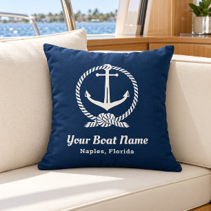 Nautical Navy Blue Anchor Rope Boat Name Throw Pillow