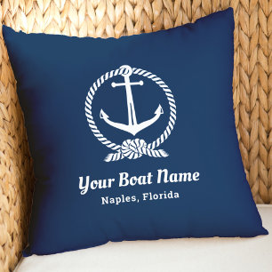 Nautical Navy Blue Anchor Rope Boat Name Throw Pillow