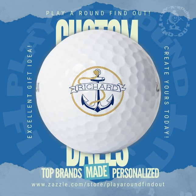 Nautical Navy Blue Anchor Rope Personalized Name Golf Balls (Custom Printed Brand Name Golf Balls By PlayARoundFindOut - Zazzle's premiere golf gift shop)