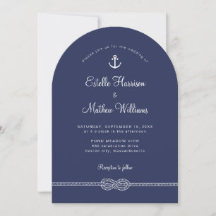 Nautical Navy Blue Anchor Rope QR Code Wedding Invitation