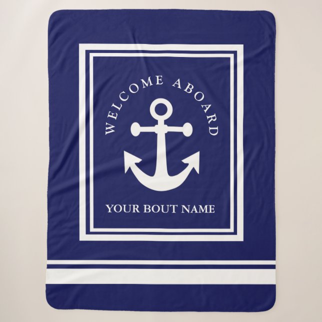 Nautical Navy Blue Anchor  Sherpa Blanket (Front)