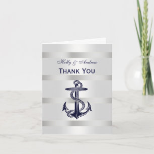 Nautical Navy Blue Anchor Silver White V Thank You Card