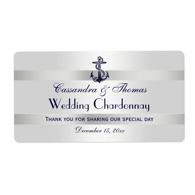 Nautical Navy Blue Anchor Silver Wht H Wine Bottle (Front)