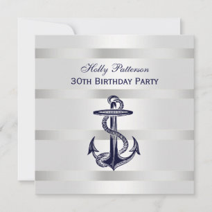Nautical Navy Blue Anchor Silver Wt BG SQ Birthday Invitation