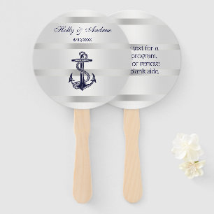 Nautical Navy Blue Anchor Silver Wt BG Wedding Hand Fan