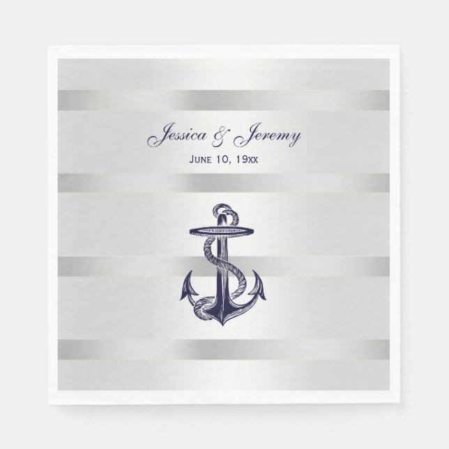 Nautical Navy Blue Anchor Silver Wt BG Wedding Napkin (Front)