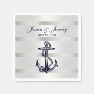 Nautical Navy Blue Anchor Silver Wt BG Wedding Napkin