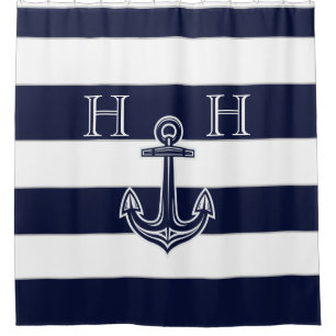 Nautical Navy Blue Anchor Striped Monogram Name 