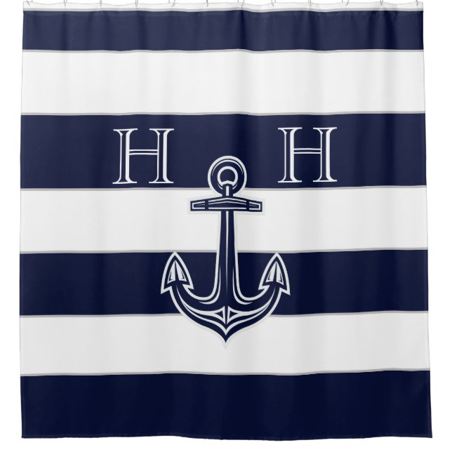 Nautical Navy Blue Anchor Striped Monogram Name  (Front)
