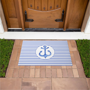 Nautical Navy Blue Anchor & Stripes Door Mat