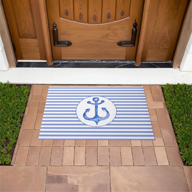 Nautical Navy Blue Anchor & Stripes Door Mat (Outdoor)