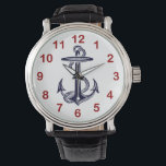 Nautical Navy Blue Anchor Watch<br><div class="desc">Romantic Vintage Look Nautical Navy Blue Anchor on White Background - Wrist Watch ========== Elegant, chic and stylish customizable accessories with a navy blue anchor on a white background. You have a choice of 2 numeral colours, red or black. Remove the colour you DON'T want. This product is part of...</div>
