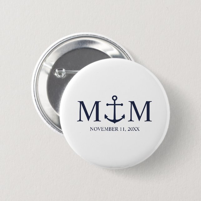 Nautical Navy Blue Anchor Wedding 2 Inch Round Button (Front & Back)