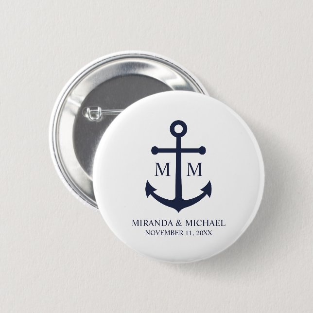 Nautical Navy Blue Anchor Wedding 2 Inch Round Button (Front & Back)