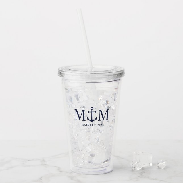 Nautical Navy Blue Anchor Wedding Acrylic Tumbler (Front Ice)