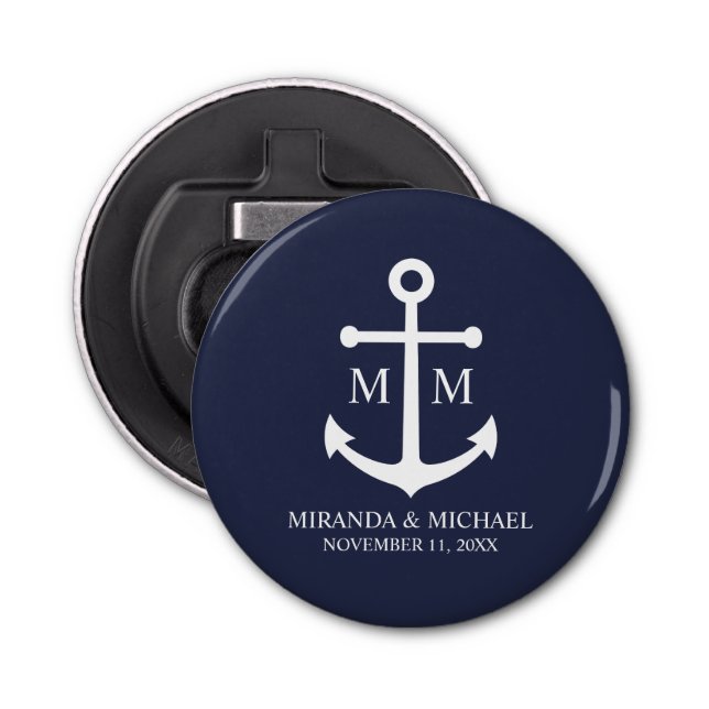 Nautical Navy Blue Anchor Wedding Bottle Opener (Front)