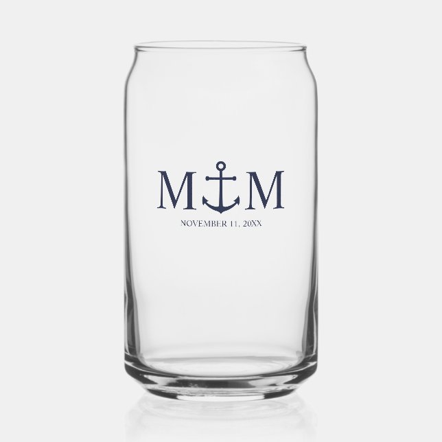Nautical Navy Blue Anchor Wedding Can Glass (Front)