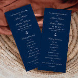 Nautical Navy Blue Anchor Wedding Ceremony Program<br><div class="desc">Wedding ceremony programs in a flat tea-length panel style feature a navy blue and white colour scheme (note,  text and background colours can be modified) with a boat anchor accent. Personalize the custom template with your wording details,  and adjust text if needed using the "Customize It!" tool.</div>