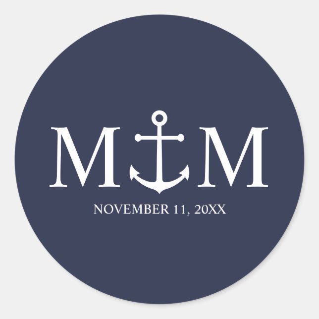 Nautical Navy Blue Anchor Wedding Classic Round Sticker (Front)