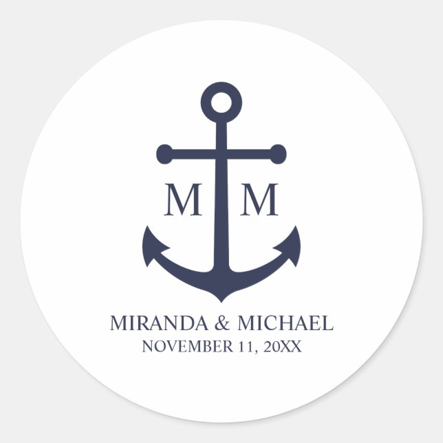 Nautical Navy Blue Anchor Wedding Classic Round Sticker (Front)
