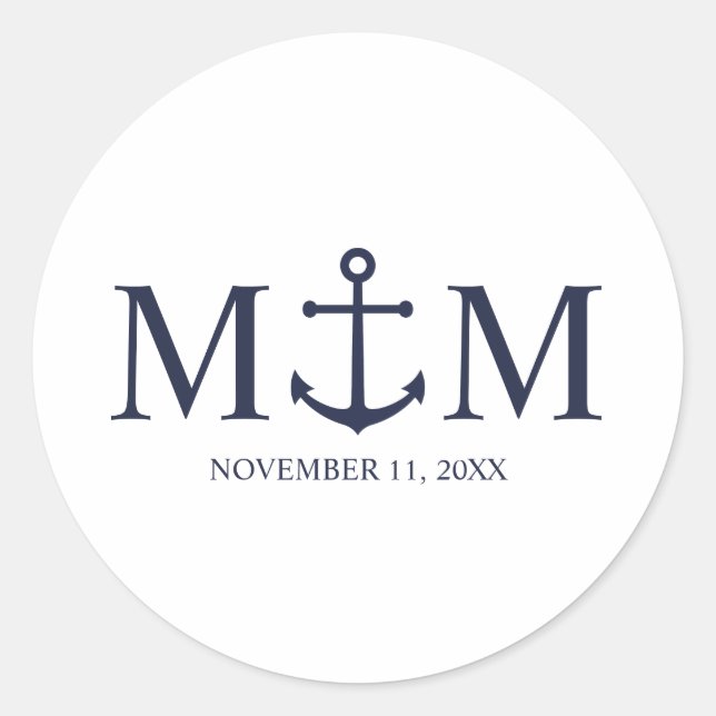 Nautical Navy Blue Anchor Wedding Classic Round Sticker (Front)