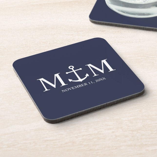 Nautical Navy Blue Anchor Wedding Coaster (Left Side)