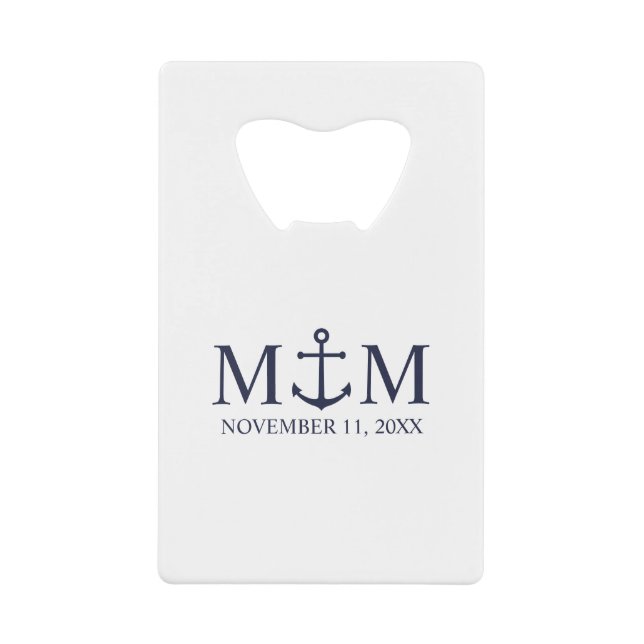 Nautical Navy Blue Anchor Wedding Credit Card Bottle Opener (Front)