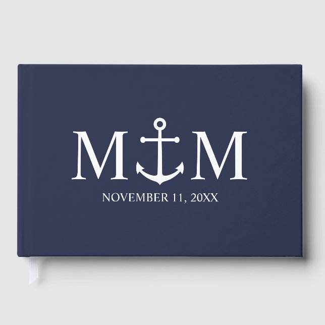 Nautical Navy Blue Anchor Wedding Guest Book (Front)